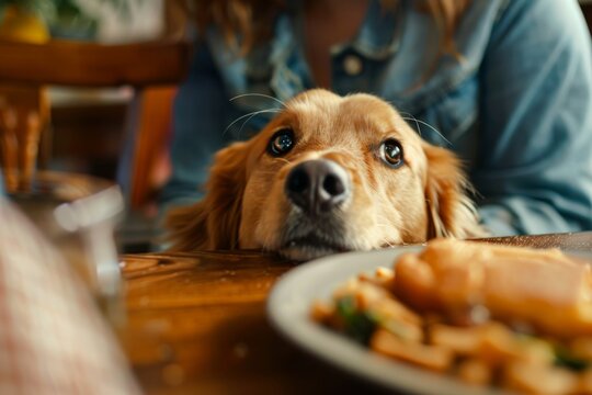 Dog begging for food, pet looks at owner plate with hungry eyes, dog head begs to feed it