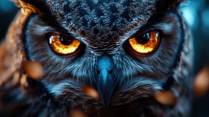 A captivating close-up of an owl’s face exhibiting fierce amber eyes and powerful features, reflecting the fierce beauty and wild nature found in avian wildlife.