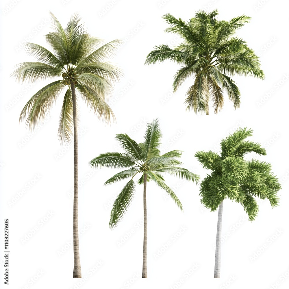 Poster collection of tropical palm trees showcasing various shapes and sizes in a vibrant botanical display