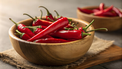 red hot chili pepper in wooden bowl on table - close up