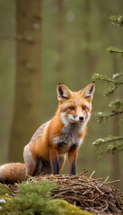 Fototapeta premium Curious red fox gazes from a mossy perch in the serene forest during the early morning light. Generative AI
