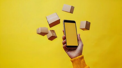 a hand holding a smartphone displaying a yellow screen, with multiple open boxes floating around, suggesting a delivery or a purchase.
