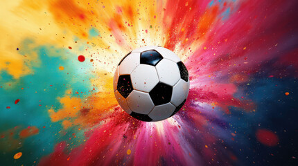 Naklejka premium Dynamic Soccer Ball Image with Vibrant Colorful Background for Sports and Art Concepts