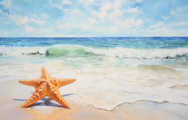 Serene Beach Scene Featuring a Vibrant Starfish on Sandy Shore with Gentle Waves and Clear Blue Skies, Perfect for Travel and Nature Themes
