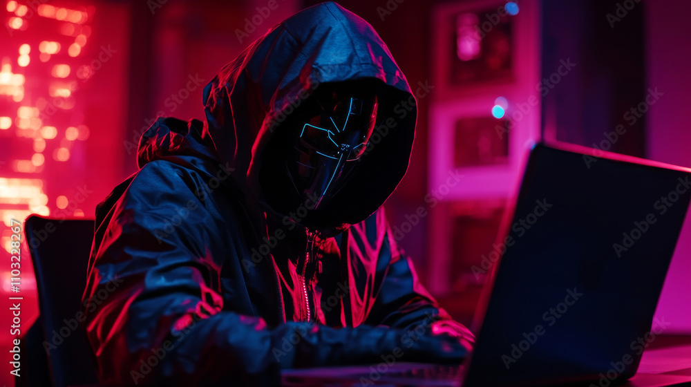 Poster computer bot hacks firewall on laptop. cybersecurity, antivirus, personal data protection. remote co