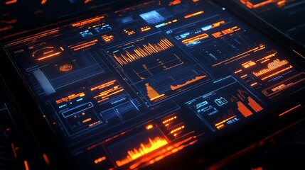 Obraz premium Futuristic touchscreen tablet displaying glowing bar graphs, financial dashboards, and wireframe circuits with neon highlights on a dark blue background.
