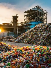 A large pile of colorful plastic waste at an industrial site, highlighting recycling challenges.