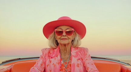  An elderly woman in a pink coat, hat and sunglasses sits in a convertible.
