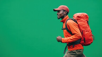 An outdoor adventurer enjoying a trail, set on a bold green backdrop for exploration