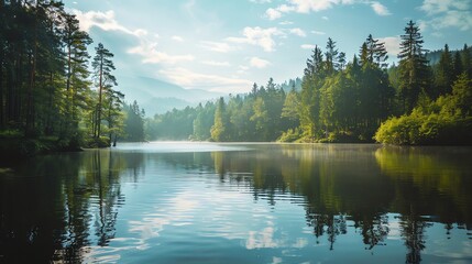 Fototapeta premium A peaceful scene of a lake surrounded by trees with mountains in the background.