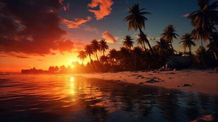 Obraz premium Sunset Over Tropical Beach with Silhouetted Palm Trees and Reflecting Water Creating a Tranquil Atmosphere for Relaxation and Escape