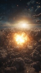 Naklejka premium A vibrant explosion illuminates the clouds, creating a dramatic contrast against the cosmic backdrop of stars and a glowing sun.