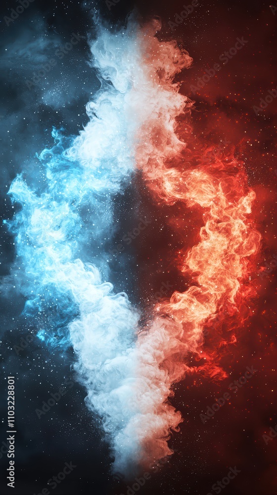 Poster a vibrant depiction of swirling blue and red smoke, merging at the center, creating an ethereal and 