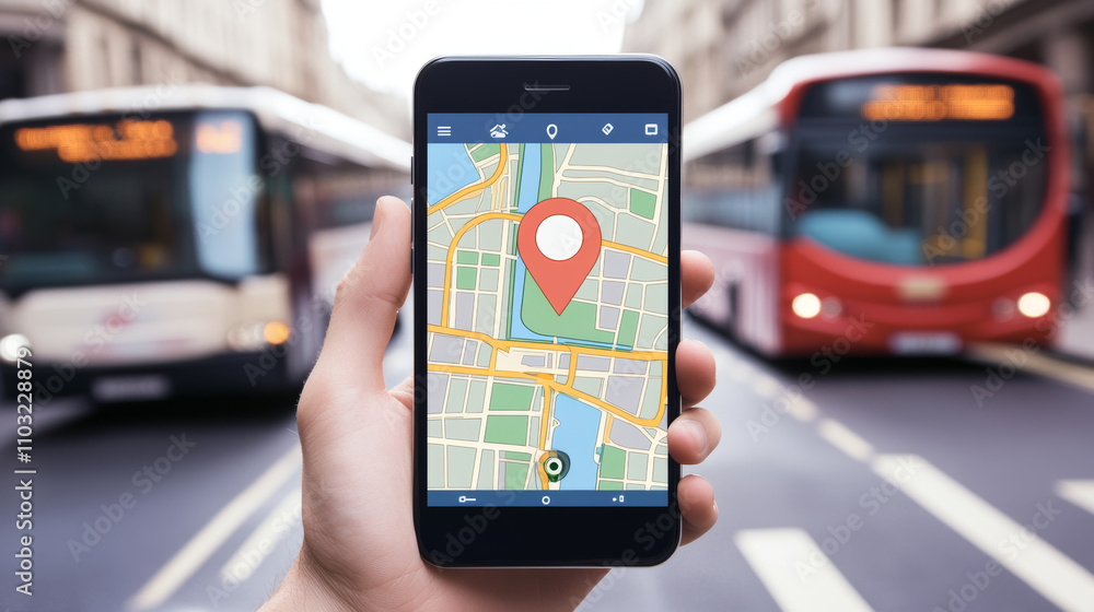 Poster the application interface for mobile phone smart bus. businessman using smartphone, with maps and ap