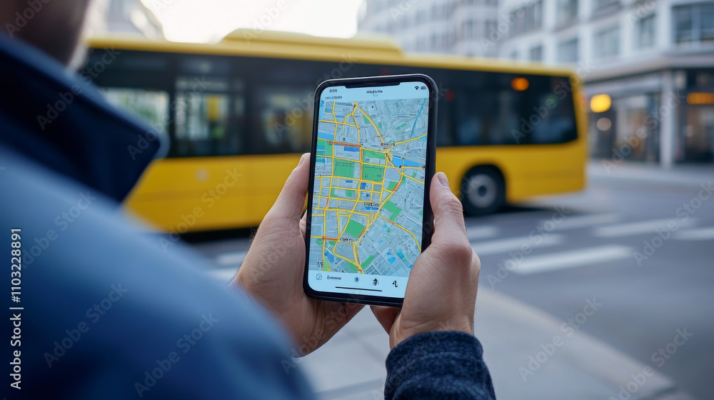 Poster the application interface for mobile phone smart bus. businessman using smartphone, with maps and ap