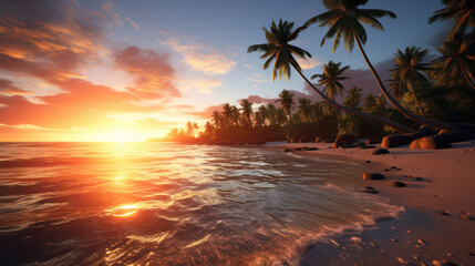 Tropical Sunset Over Gentle Waves and Palm Trees on a Secluded Beach at Dusk, Highlighting the Beauty of Nature's Colors and Tranquility