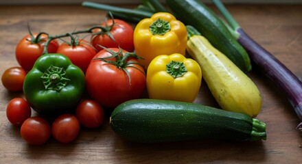 Freshly harvested vegetables arranged neatly on a wooden kitchen counter