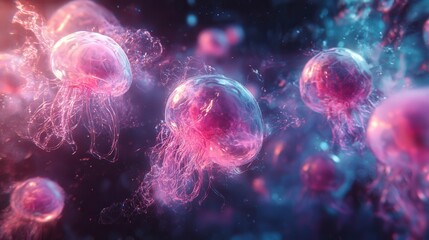 Colorful jellyfish swimming gracefully in a luminous underwater scene, showcasing their delicate forms and vibrant hues.