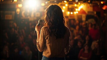  A woman is giving a speech or singing at a microphone on stage. View from the back.
