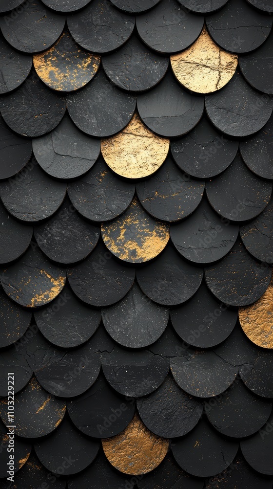 Poster a textured surface featuring overlapping black and gold scales, creating an elegant and modern desig