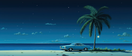 Night on the Beach with Vintage Car and Palm Tree Under Starry Sky, Capturing Peaceful Atmosphere of Coastal Life with Tranquil Ocean Waves