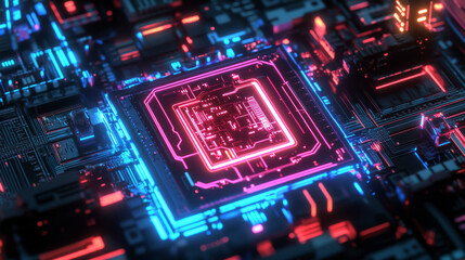 Obraz premium AI logo or icon. Abstract technology conceptual background with AI neon letters. AI text consist at pcb, neon electronic signals in cyberspace. Artificial intelligence tech background or banner.