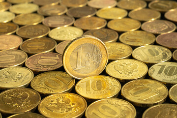 Confrontation of Russian Ruble and dollar, euro. Russian ruble coin, dollar and euro coins, euro, , ruble .