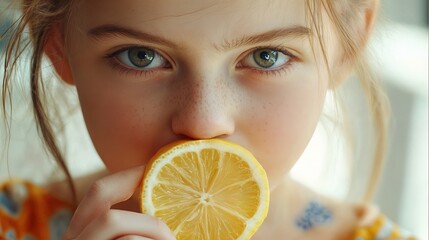  A close-up of a young girl holding a lemon half to her nose.