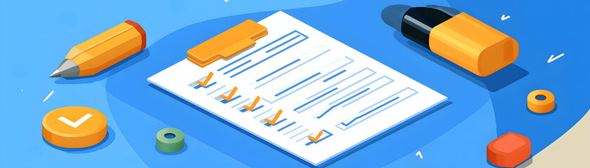 Checklist Illustration,  Completed Tasks on Document with Pencil and Markers, Bright Blue Background