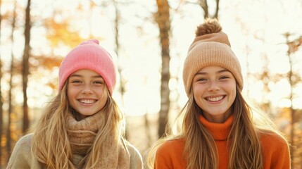  Two young girls, both wearing hats and smiling, walking together in a forest during autumn.