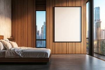 Modern bedroom with a large blank canvas and a cityscape view.