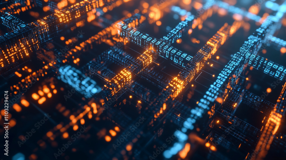 Poster blockchain concept banner. isometric digital blocks connection with each other and shapes crypto cha