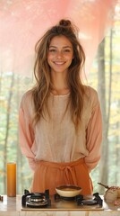 A young woman with long brown hair wearing a pink blouse. She is cooking in a portable kitchen in the forest.