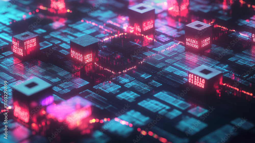 Aufkleber blockchain concept banner. isometric digital blocks connection with each other and shapes crypto cha