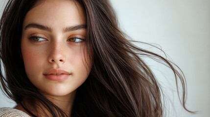 A girl with long brown hair that is developing. She looks to the side. On a white background.
