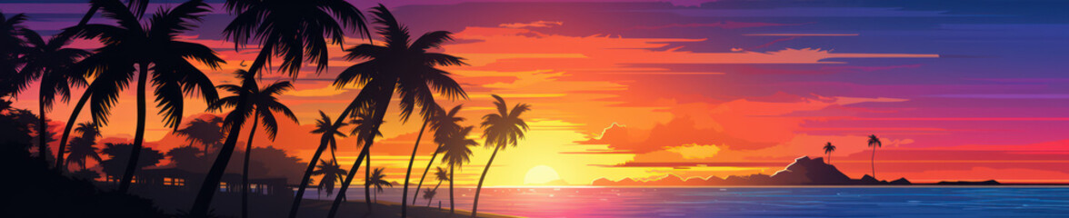 Sunset Over Tropical Beach with Silhouetted Palm Trees and Calm Ocean Waves Capturing the Essence of Paradise and Serenity in a Colorful Landscape