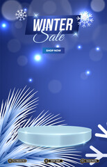 winter sale discount portait template banner with blank space 3d podium for social media post product sale with abstract gradient blue background design 13