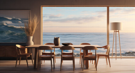 Obraz premium Bright and Airy Dining Room with Ocean View at Sunrise, Featuring Elegant Wooden Furniture and Minimalist Decoration in a Coastal Setting
