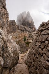 WWI era stone corridor in the Cinque Torri Dolomite Mountains