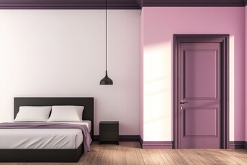 Minimalist bedroom with a pink wall and a door, a bed with white linens, and a black nightstand.