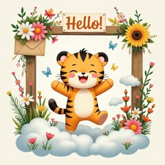 Happy Tiger in Flowery Frame