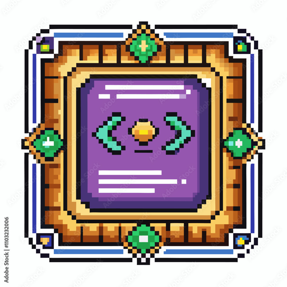 Aufkleber pixel art icon with purple coding symbol and ornate border for retro game interface
