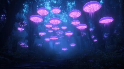 Obraz premium A mesmerizing scene of glowing jellyfish suspended in a mystical forest