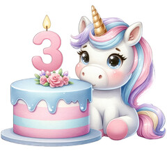 A cute unicorn with pastel mane sits beside a birthday cake featuring a pink number three and floral decorations.