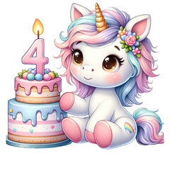 A cute unicorn with pastel colors sits beside a birthday cake adorned with a candle and the number four.
