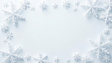 White winter background with copy space with snowflakes in the form of a frame. Christmas and New Year concept.