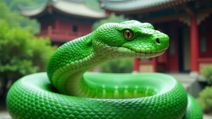 Fototapeta premium A large, green snake as a symbol of the year against the background of traditional Chinese style houses. Christmas and New Year celebration concept.