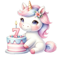 A cute unicorn with a pastel-colored mane sits beside a birthday cake decorated with pink and blue frosting, featuring the number 7.