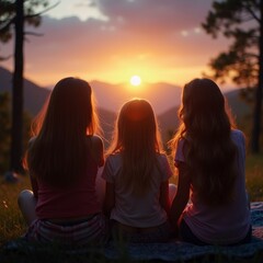 two women sitting on the beach at sunset