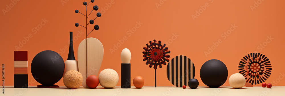 Poster abstract composition featuring modern geometric shapes and colorful objects arranged on a minimalist